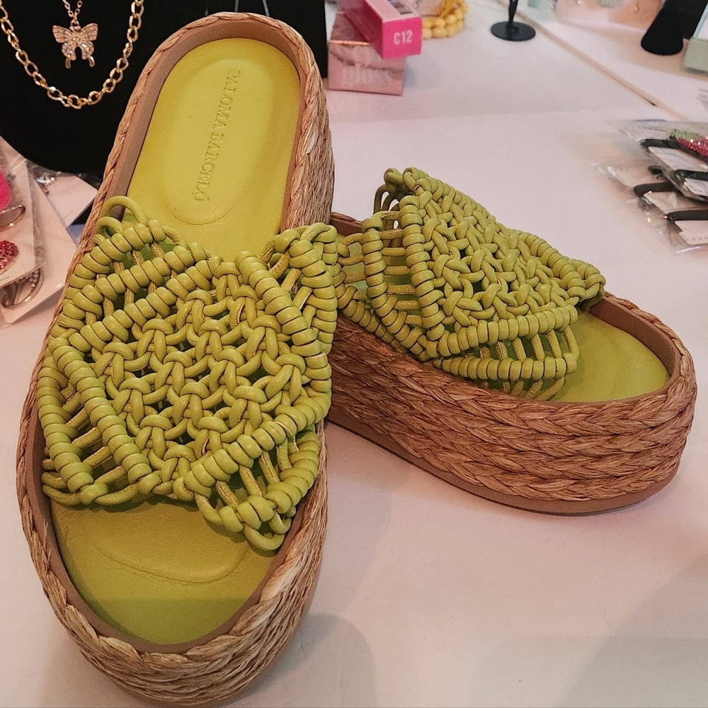 Paloma Barcelo Lime Green Woven Platform Sandals Sz 37